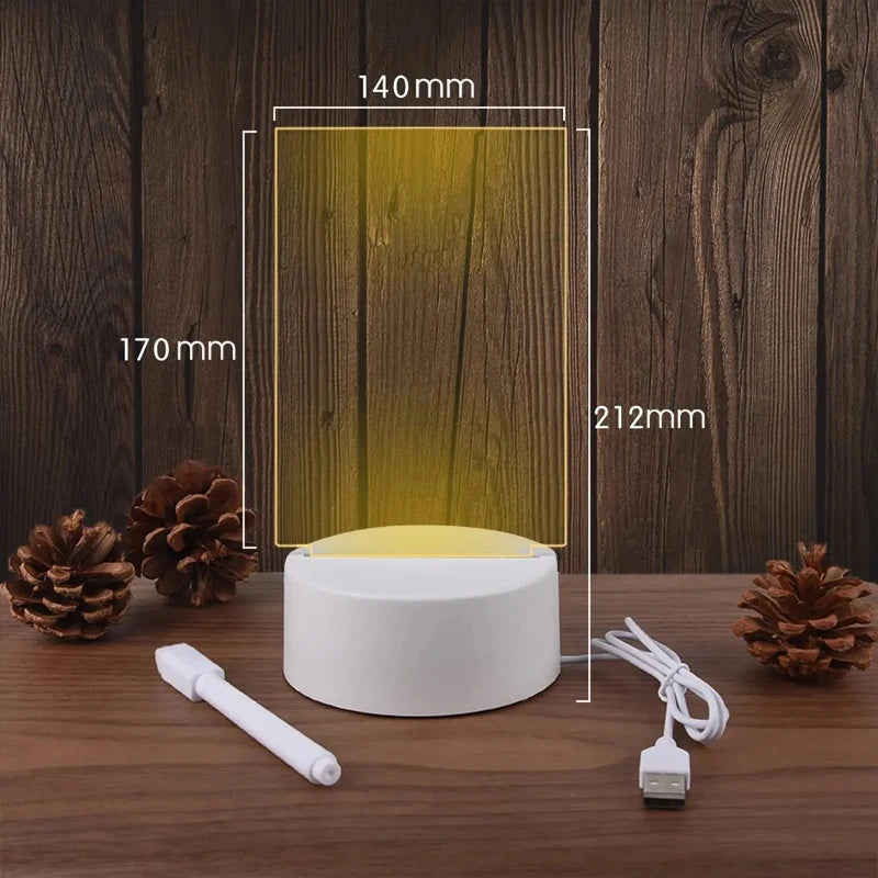 Luz Noturna LED Transparente com Quadro de Mensagens USB e Calendário - Design Moderno para Mesa