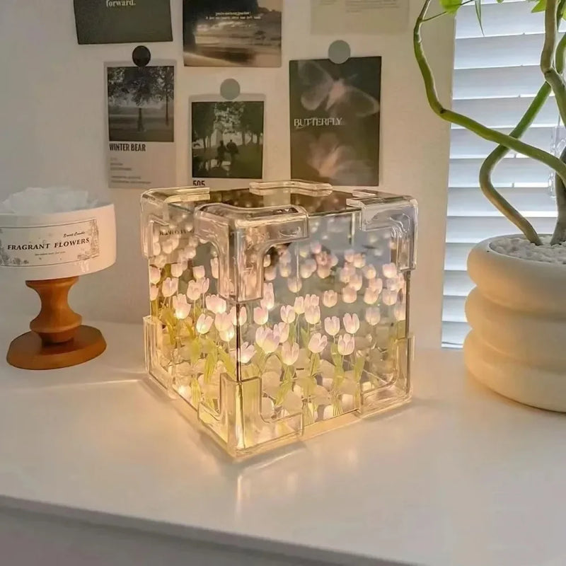 Lâmpada 3D Criativa de Tulipa DIY - Cubo Floral Marinho para Namorada ou Casal